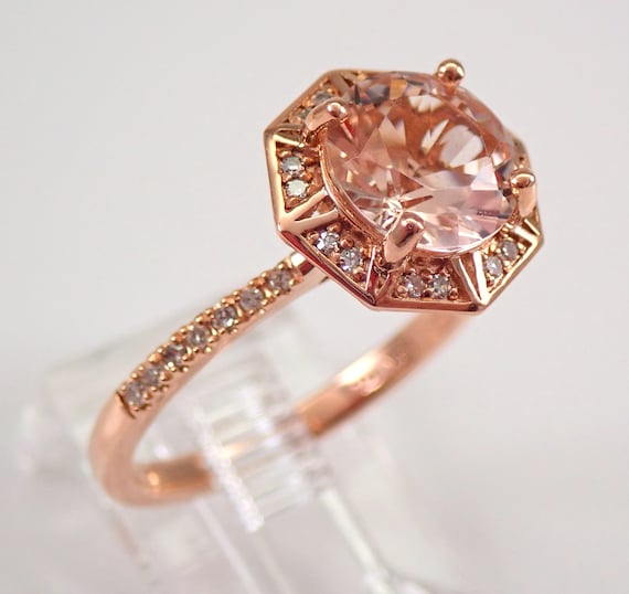 14K Rose Gold Pink Morganite Ring: Octagon Diamond Halo Bridal Setting