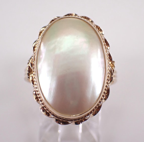 14K Yellow Gold Mabe Pearl Solitaire Ring: Estate Vintage Braided Halo Jewelry Gift