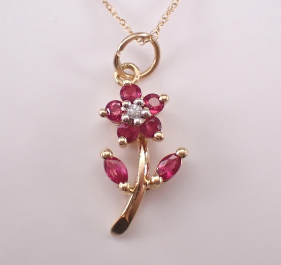 Vintage 14K Yellow Gold Ruby Pendant and Chain: Estate Diamond Flower Charm Necklace