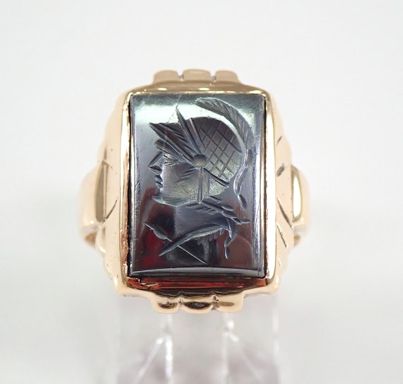 Hematite Intaglio Ring, Solid Yellow Gold Solitaire Ring, Unique Antique Cameo Pinky Ring, Vintage Unisex Fine Jewelry