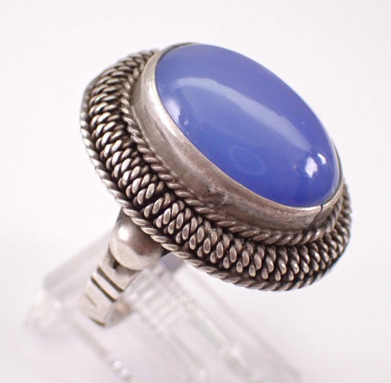 Vintage Silver Chalcedony Ring - Large Estate Braided Halo Band
