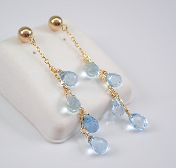 14K Yellow Gold Blue Topaz Briolette Earrings, December Birthstone Jewelry Gift, Sparkly Dangle Earrings for Women
