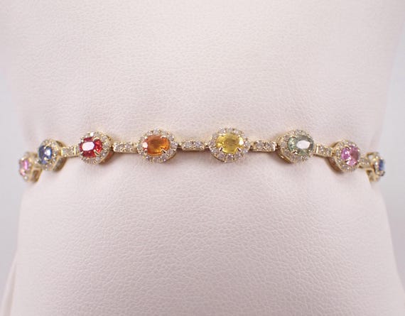14K Yellow Gold Multi Color Sapphire Bracelet: Diamond Halo Tennis Setting - Pink Blue Orange Green Gemstone