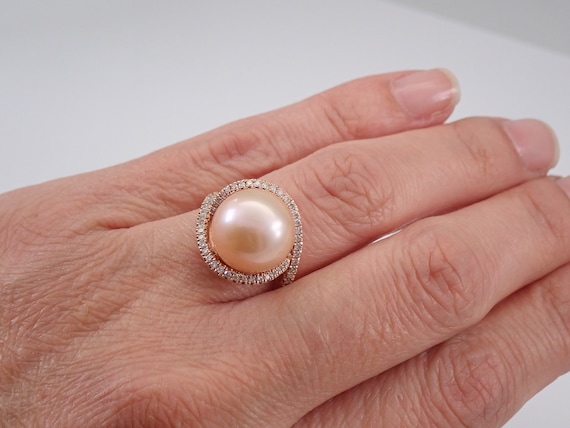 Pink South Sea Pearl Ring, 14K Rose Gold Gemstone and Diamond Halo Engagement Ring, Bold Statement Fine Jewelry