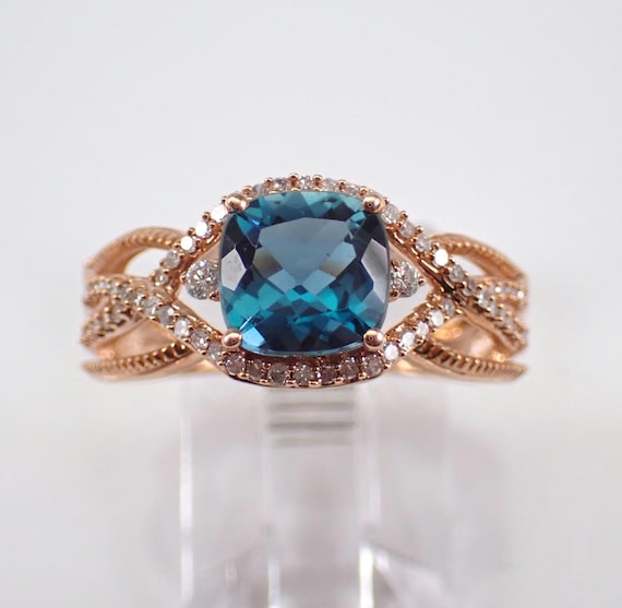 Rose Gold Blue Topaz Engagement Ring, Gemstone and Diamond Halo Setting,  Unique GalaxyGems Fine Jewelry Gift