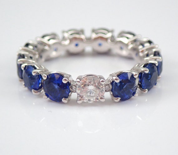 Genuine Sapphire Eternity Band - Natural Diamond Wedding Ring - 18K White Gold Fine Jewelry - Unique Anniversary Gift