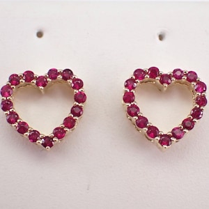 Yellow Gold Ruby Heart Earrings - Small Dainty Gemstone Screwback Studs