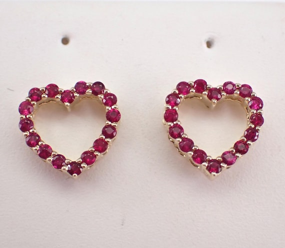 Yellow Gold Ruby Heart Earrings - Small Dainty Gemstone Screwback Studs