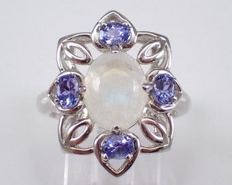 Vintage Sterling Silver Moonstone and Tanzanite Ring - Purple Gemstone Halo Jewelry Gift