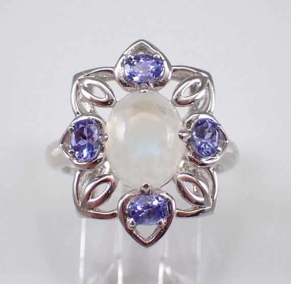 Vintage Sterling Silver Moonstone and Tanzanite Ring - Purple Gemstone Halo Jewelry Gift