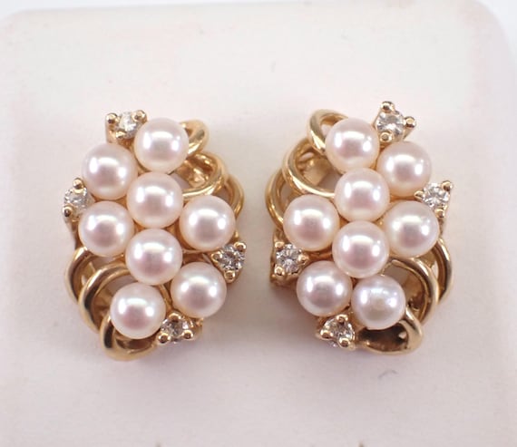 Vintage 14K Yellow Gold Pearl Earrings, Estate Diamond Accents Studs, June Birthstone Fine Jewelry Gift
