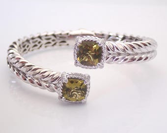 Brazalete vintage de plata de ley, brazalete trenzado grueso de cuarzo lima, joya de muñeca con diamantes únicos y grandes.