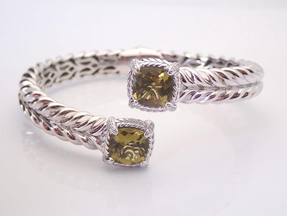 Vintage Sterling Silver Bangle Bracelet, Chunky Braided Lime Quartz Bypass Cuff, Large Unique Diamond Wrist Jewelry