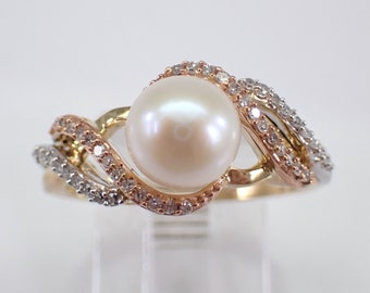 Pearl and Diamond Engagement Promise Ring - Yellow Gold Dainty Bridal Setting - Tri Color June Birthstone Jewelry Gift