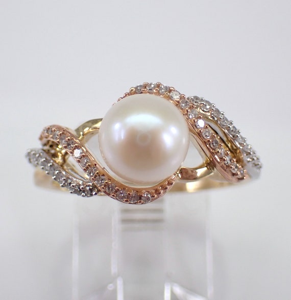 Pearl and Diamond Engagement Promise Ring - Yellow Gold Dainty Bridal Setting - Tri Color June Birthstone Jewelry Gift