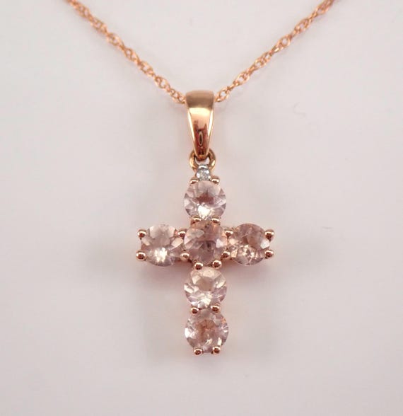 Morganite and Diamond Cross Pendant - Rose Gold Necklace and Thin Chain - Dainty Religious Charm Choker Jewelry