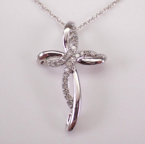 White Gold Diamond Cross Pendant, Dainty Religious Charm Necklace, Unique Little Crucifix Drop and Chain