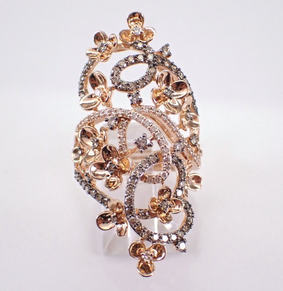 14K Rose Gold Flower Cluster Ring - Unique Cognac Brown Diamond Cluster - Large Fancy Fine Jewelry Gift