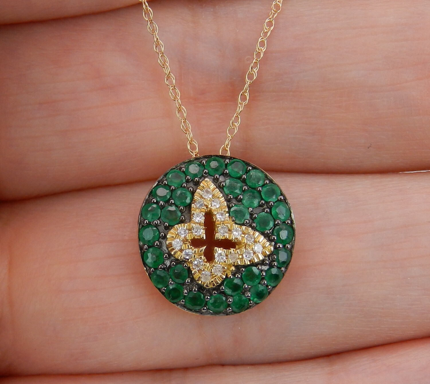 SALE PRICE! Emerald Necklace, Cluster Pendant, Butterfly Necklace 14K