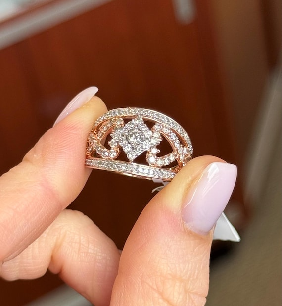 Rose Gold Diamond Cluster Ring - Unique Cocktail Domed Band - Wedding Anniversary Jewelry Gift