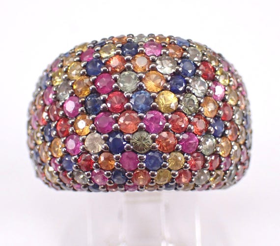 Sterling Silver Multi Color Sapphire Ring - Unique Colorful Rainbow Domed Band - Blue Pink Yellow Gemstone Effy Jewelry