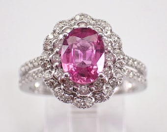 14K White Gold Pink Sapphire Engagement Ring - Diamond Halo Bridal Promise Setting - Unique Gemstone Fine Jewelry Gift