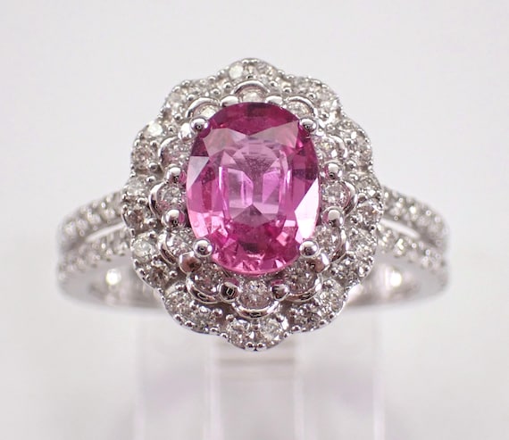 14K White Gold Pink Sapphire Engagement Ring - Diamond Halo Bridal Promise Setting - Unique Gemstone Fine Jewelry Gift