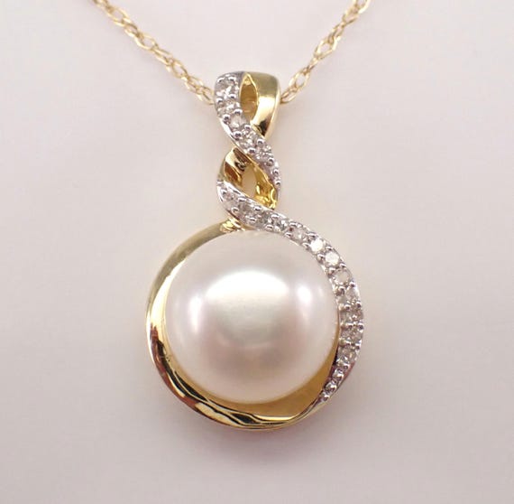 Yellow Gold Pearl Charm Pendant, Diamond Dangle Necklace with Chain, June Birthstone Fine Jewelry Gift
