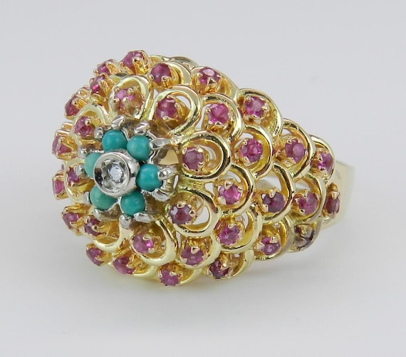 Vintage Turquoise and Ruby Ring - Solid 18k Yello… - image 7