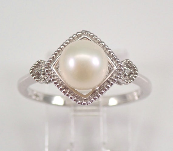White Gold Pearl Engagement Ring - Dainty Diamond Setting - June Birthstone Gemstone Jewelry Gift