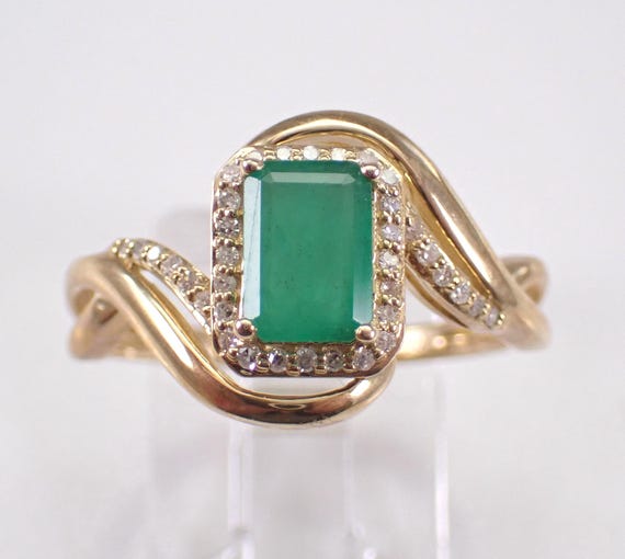 Emerald and Diamond Engagement Ring - Solid Yellow Gold Gemstone Band - May Birthstone Fine Jewelry Gift