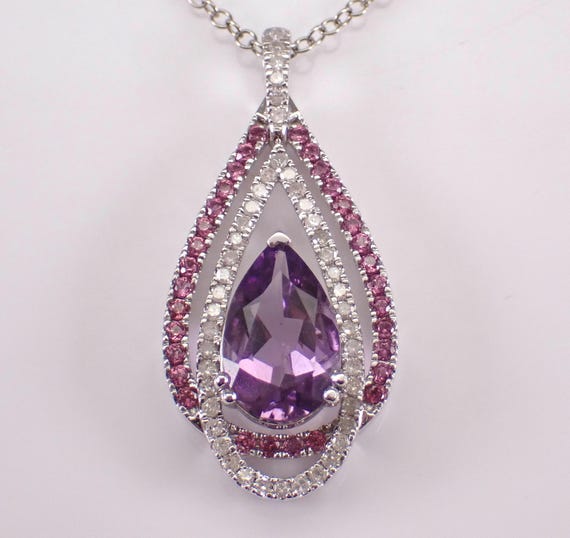 14K White Gold Amethyst and Pink Sapphire Necklace - Diamond Halo Teardrop Charm Pendant and Chain - GalaxyGems Gemstone Fine Jewelry