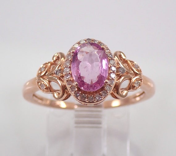 Pink Sapphire Engagement Ring, Rose Gold Gemstone and Diamond Halo Promise Jewelry