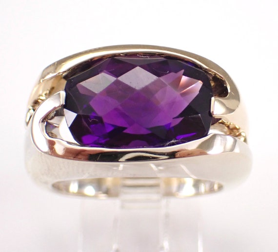 Vintage 14K White and Yellow Gold Amethyst Ring - Unique Cushion Cut Solitaire Gemstone Jewelry Gift
