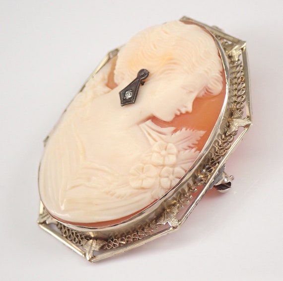 Antique 14K White Gold Cameo Brooch, Vintage Diam… - image 3