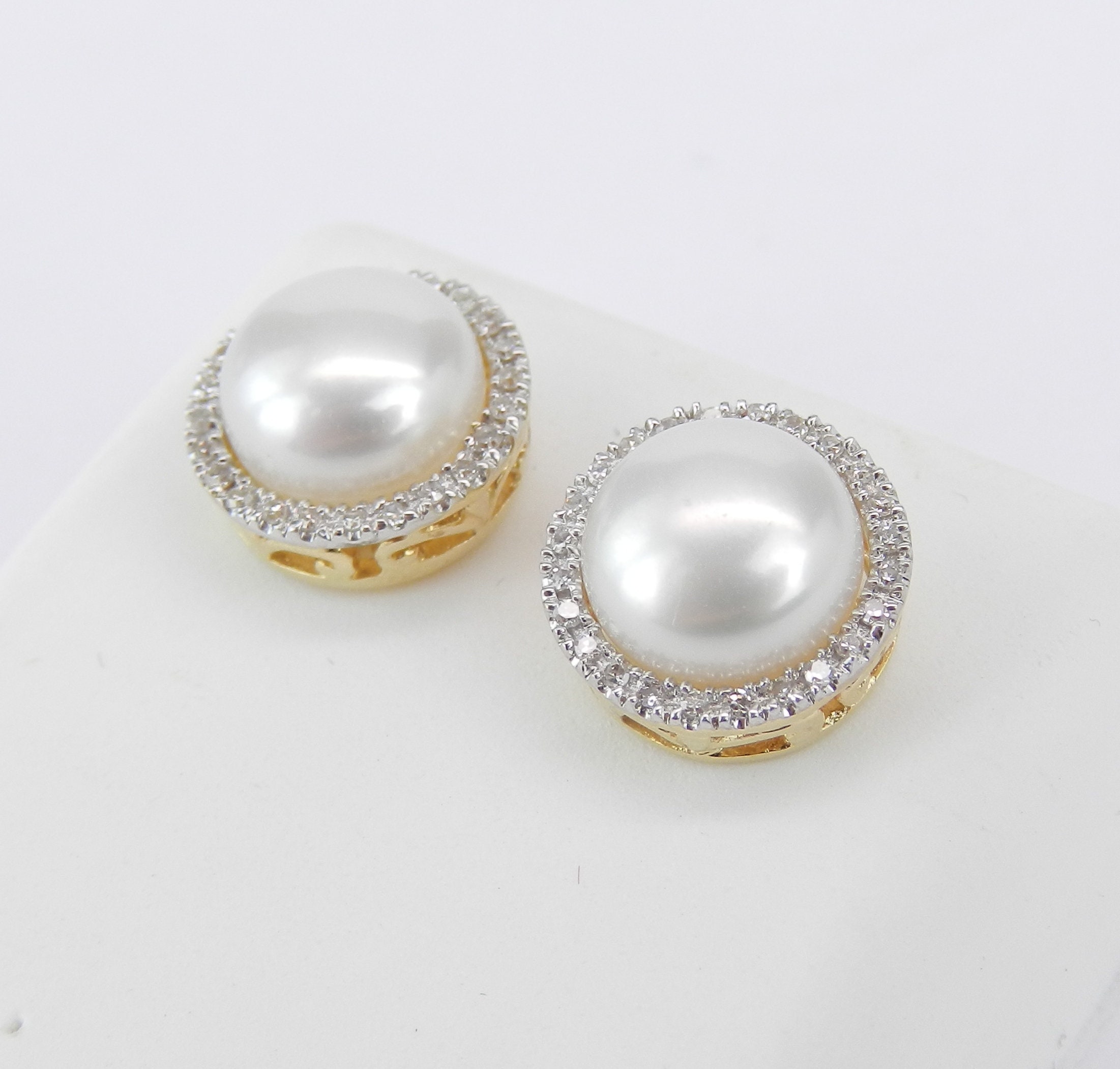 Pearl and Diamond Halo Stud Earrings 14K Yellow Gold June Birthstone