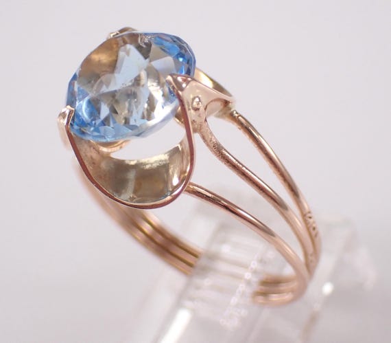 Antique 14K Rose Gold Blue Topaz Ring - Multi Row Engagement Solitaire Band