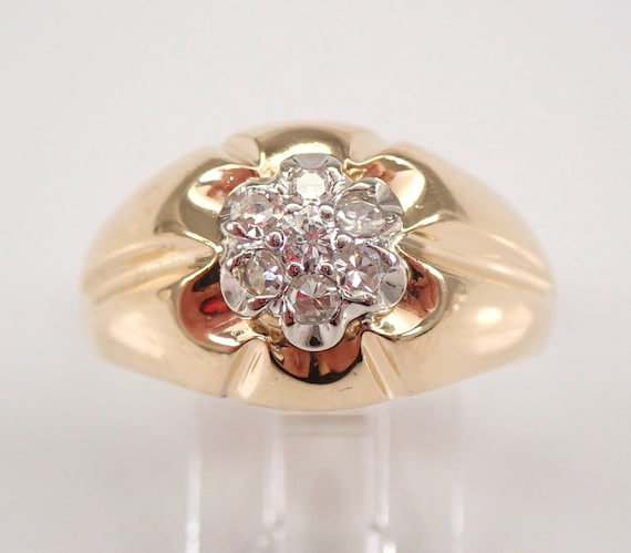 Mens 14K Yellow Gold Diamond Ring - Cluster Engagement Band for Him - Wedding Anniversary Fine Jewelry Gift