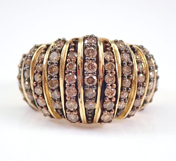 Yellow Gold Brown Diamond Anniversary Ring, Wide Bridal Wedding Cigar Band