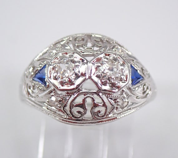 20s Antique Platinum Sapphire Ring, Art Deco 18K White Gold Diamond Domed Ring,  Vintage Filigree Fine Jewelry from 1920