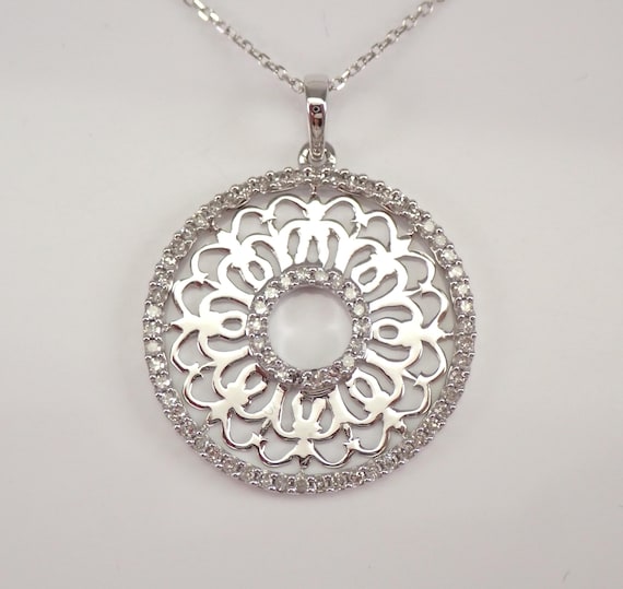 14K White Gold Diamond Mandala Necklace - Dainty Birthday Present Charm Pendant and Chain