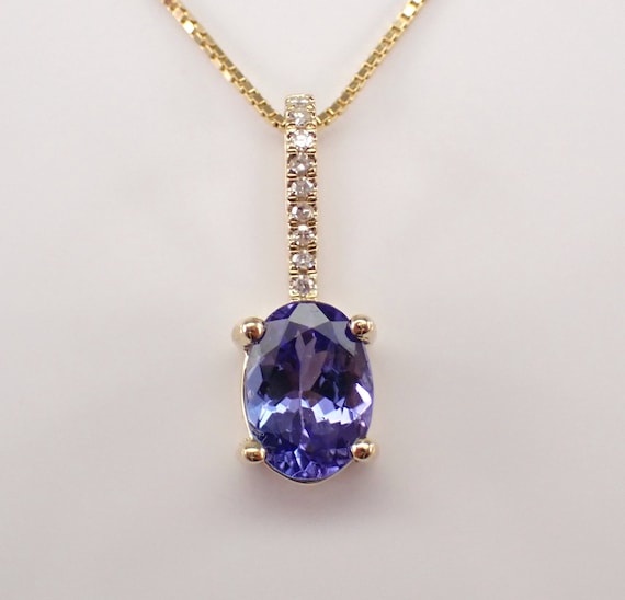 Tanzanite and Diamond Pendant and Chain - 14K Yellow Gold Gemstone Necklace - Dainty Choker Charm Jewelry Gift