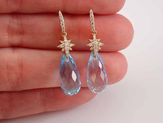 Blue Topaz Briolette Earrings - Unique Diamond Star Cluster - Solid Yellow Gold Gemstone Dangle Drop - Celestial Fine Jewelry