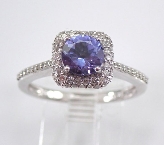 Tanzanite and Diamond Halo Engagement Ring - 14K White Gold Bridal Jewelry Gift - December Birthstone Gem