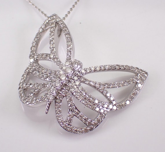 14K White Gold Diamond Butterfly Necklace - Unique Large Charm Pendant and Chain - Floating Simple Jewelry Gift