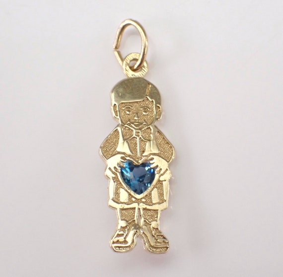 Vintage 14K Yellow Gold Child Charm Pendant, Estate Boy Blue Topaz Gemstone Heart Drop for Necklace or Bracelet