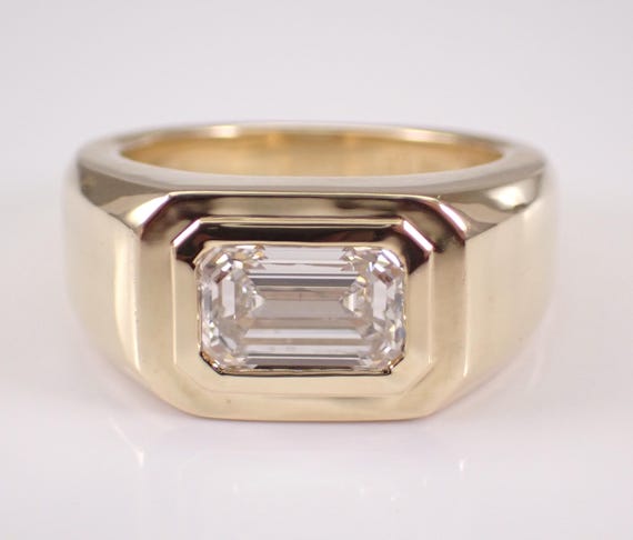 Mens 14K Yellow Gold 2ct LAB Grown Diamond Pinky Ring: Chunky Emerald Cut Solitaire Gypsy Band