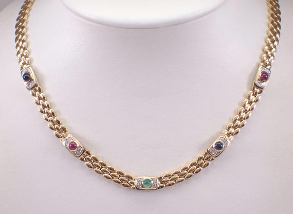 Vintage 14K Yellow Gold Collar Necklace: Ruby Sapphire Emerald and Diamond Station Chain