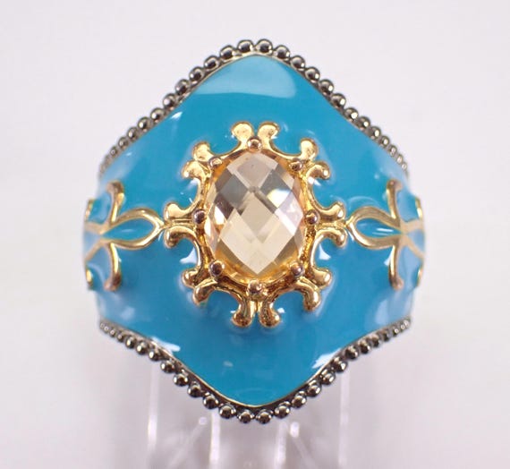 Vintage Sterling Silver Enamel Ring - Estate Citrine Gemstone Dome Band - Unique Birthday Jewelry Gift