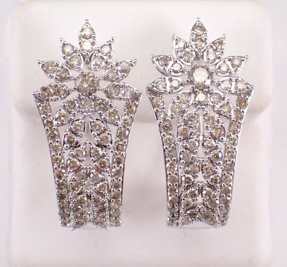 White Gold Diamond Half Hoop Earrings: Large Flower Huggies